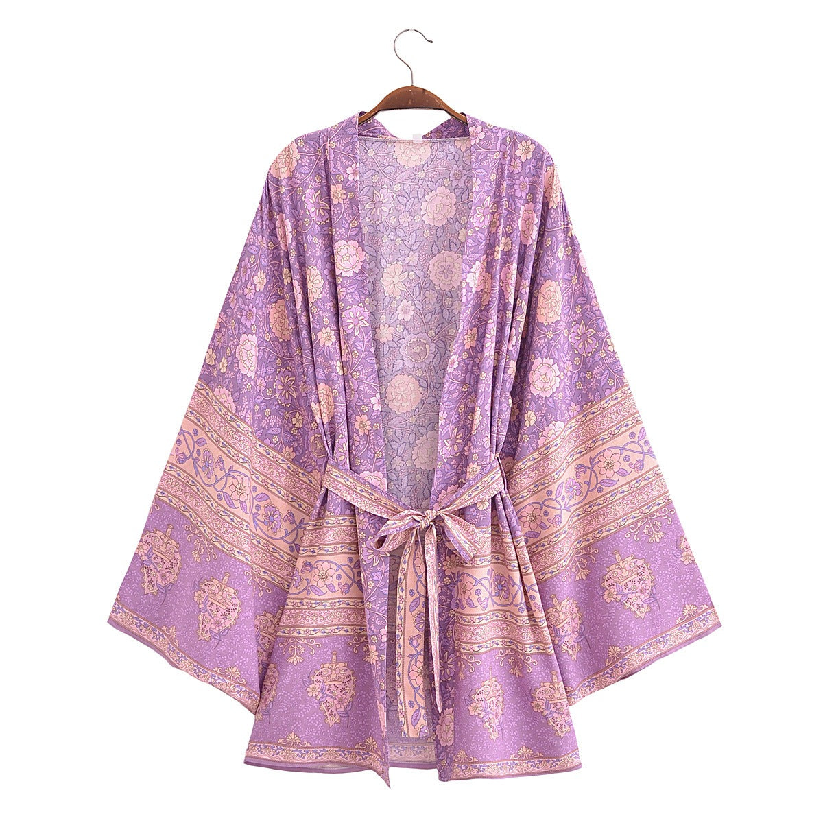 Peacock Print Short Kimono With Wide Sleeves - Purple