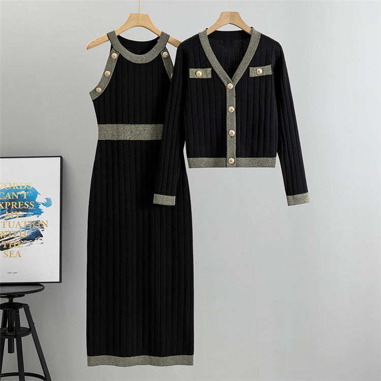 Rib Knit Sleeveless Dress And Cardigan Set - Black