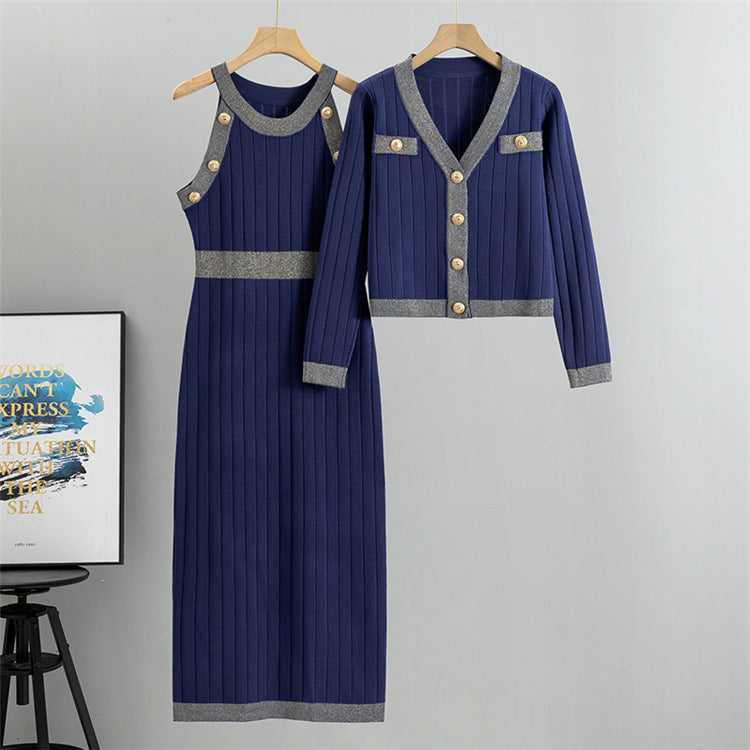 Rib Knit Sleeveless Dress And Cardigan Set - Blue