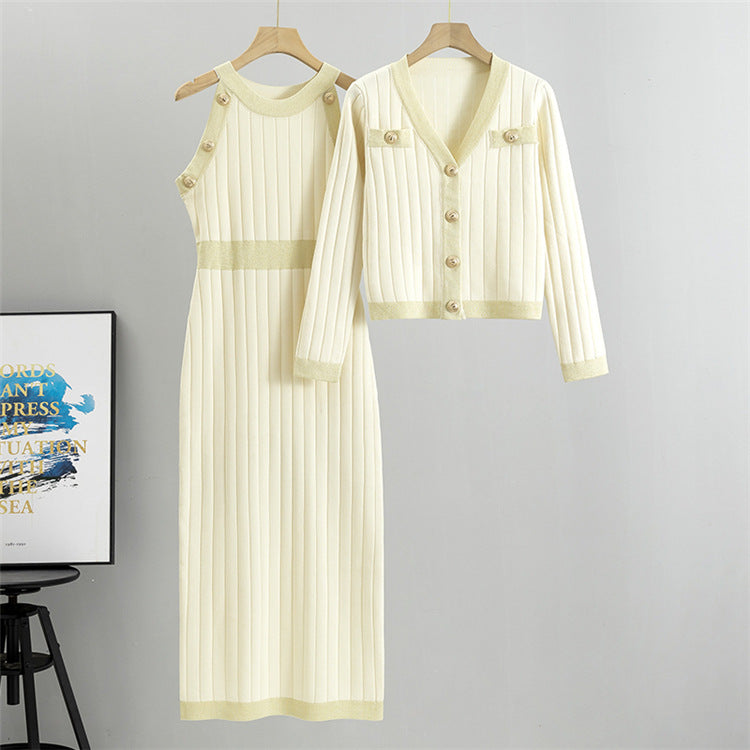 Rib Knit Sleeveless Dress And Cardigan Set - Off-White