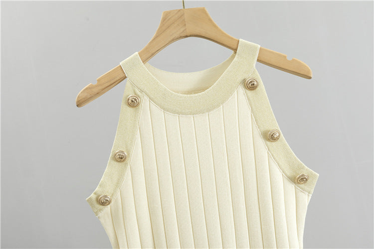 Rib Knit Sleeveless Dress And Cardigan Set - Off-White - 1