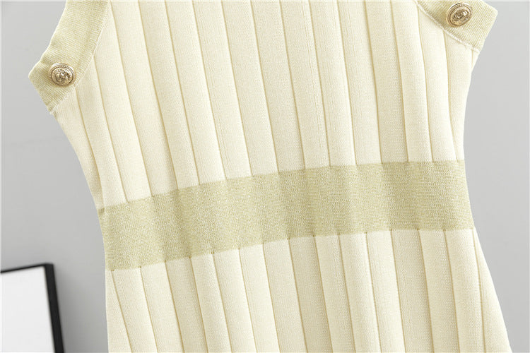 Rib Knit Sleeveless Dress And Cardigan Set - Off-White - 3