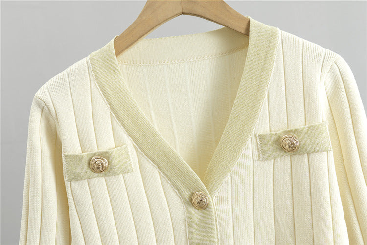 Rib Knit Sleeveless Dress And Cardigan Set - Off-White - 4