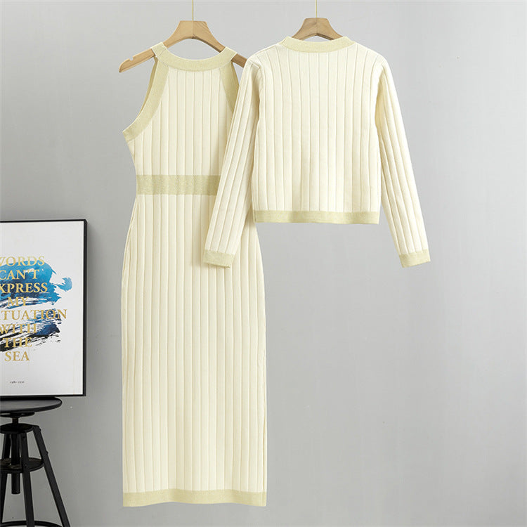 Rib Knit Sleeveless Dress And Cardigan Set - Off-White - 5