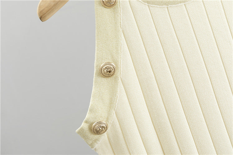 Rib Knit Sleeveless Dress And Cardigan Set - Off-White - 7