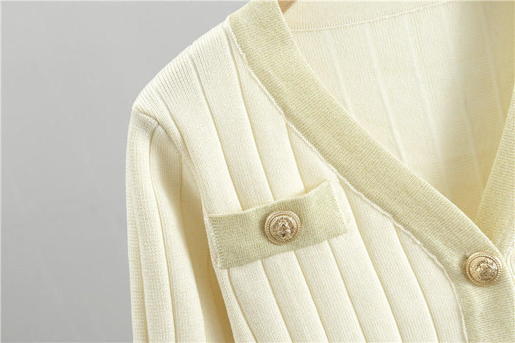 Rib Knit Sleeveless Dress And Cardigan Set - Off-White - 8