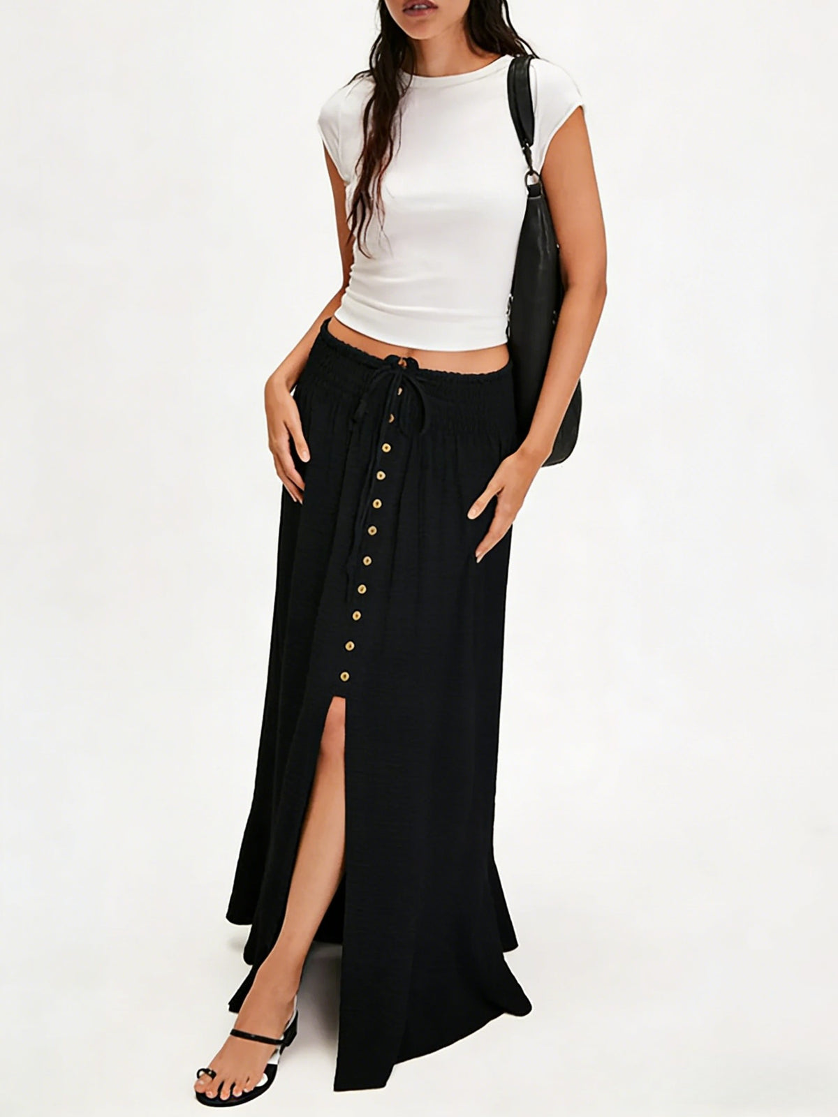 Drawstring Waist Buttoned Slit Maxi Skirt - Black