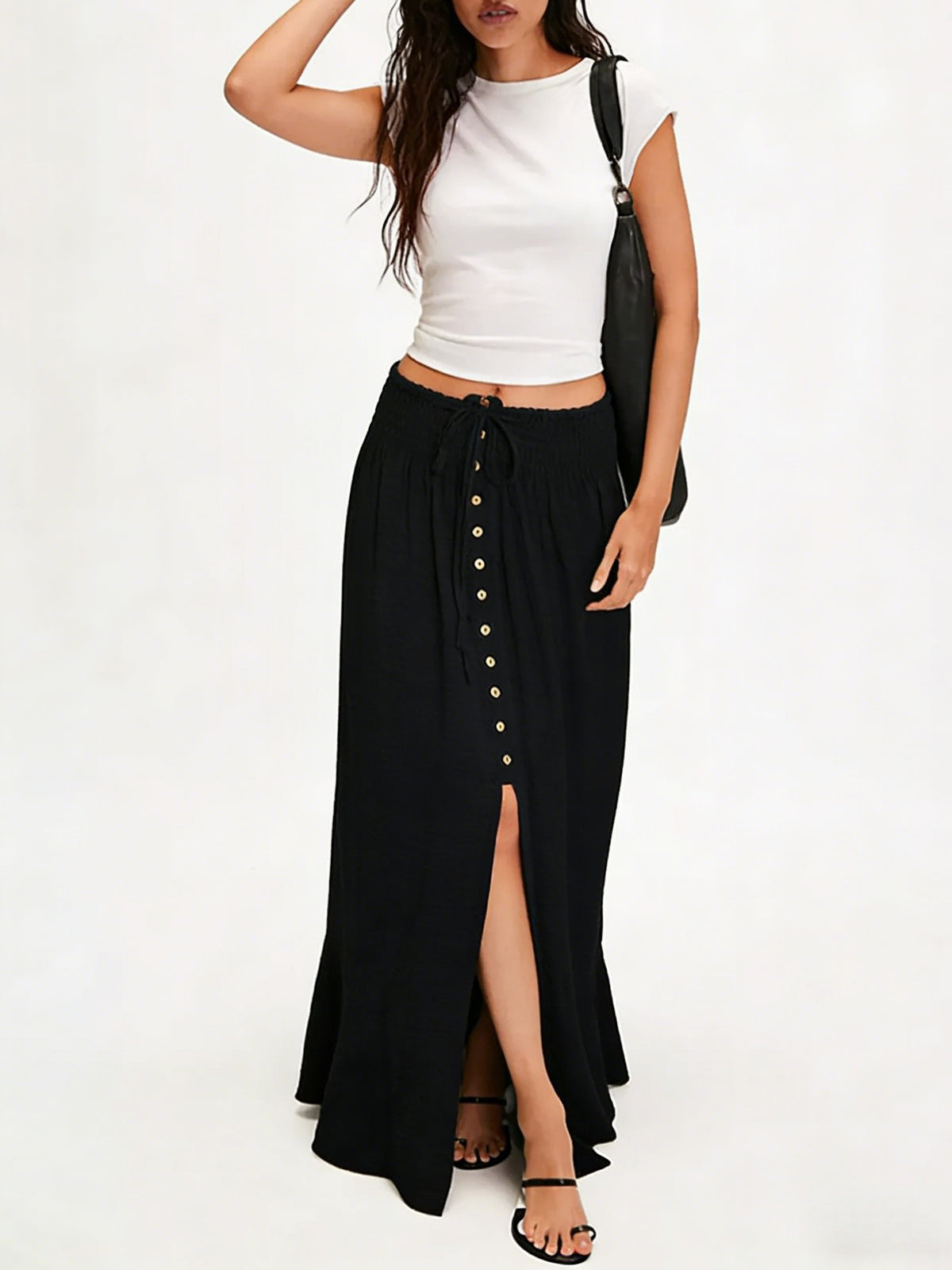 Drawstring Waist Buttoned Slit Maxi Skirt - Black - 1