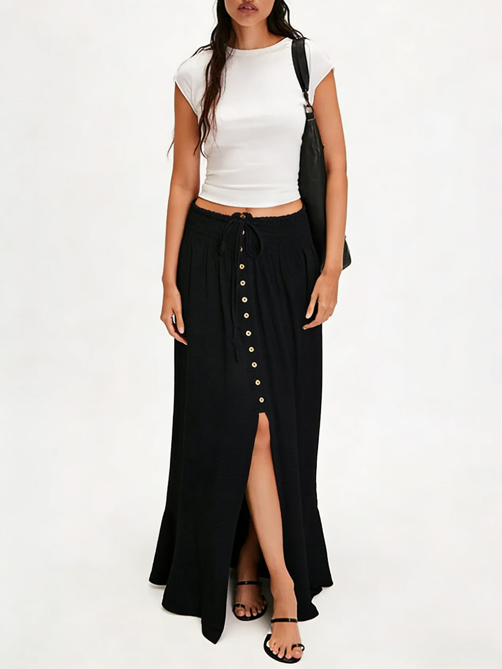 Drawstring Waist Buttoned Slit Maxi Skirt - Black - 2
