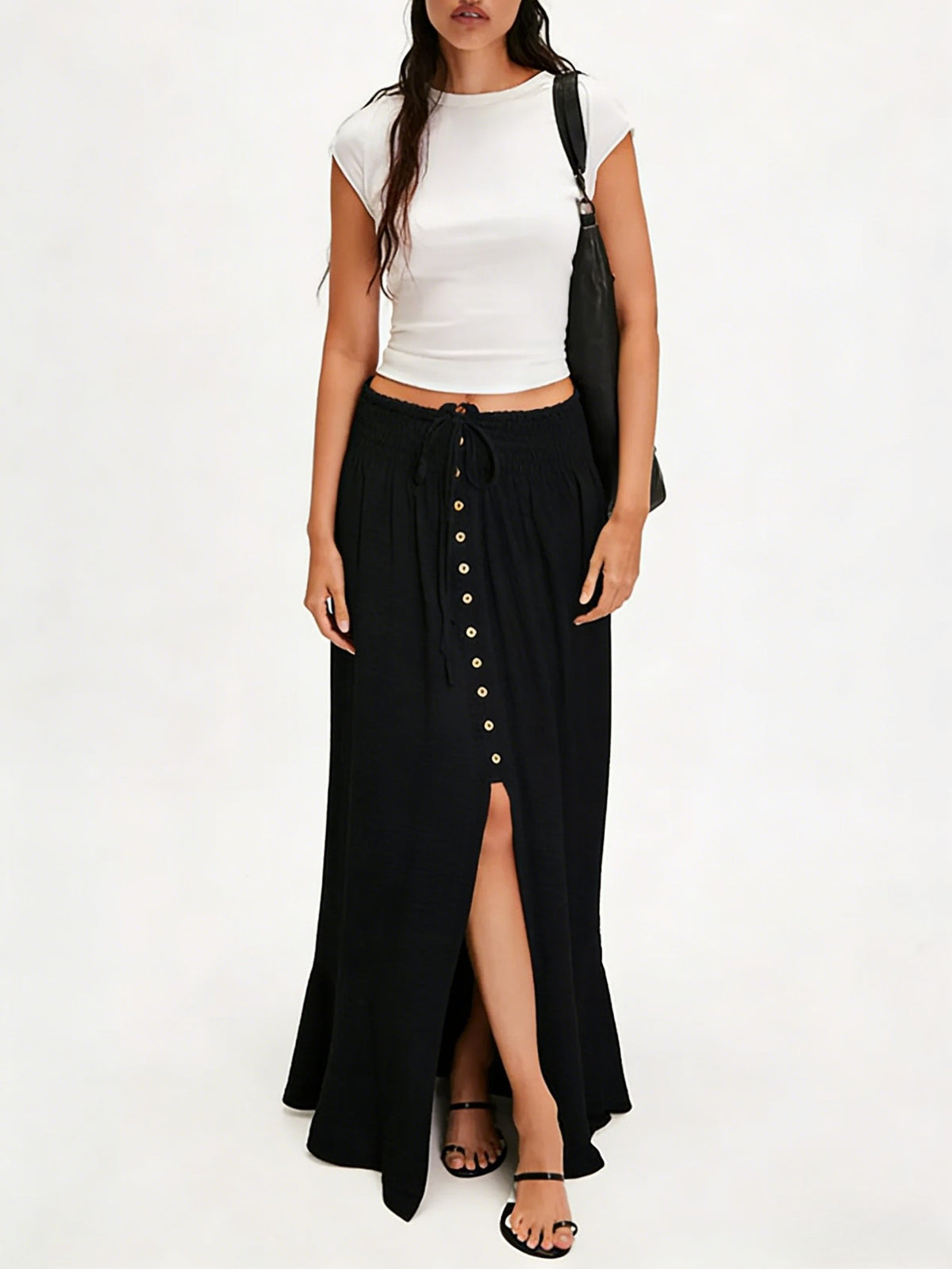 Drawstring Waist Buttoned Slit Maxi Skirt - Black - 2