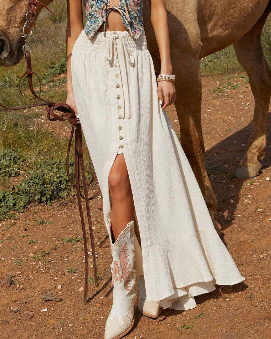 Drawstring Waist Buttoned Slit Maxi Skirt - White