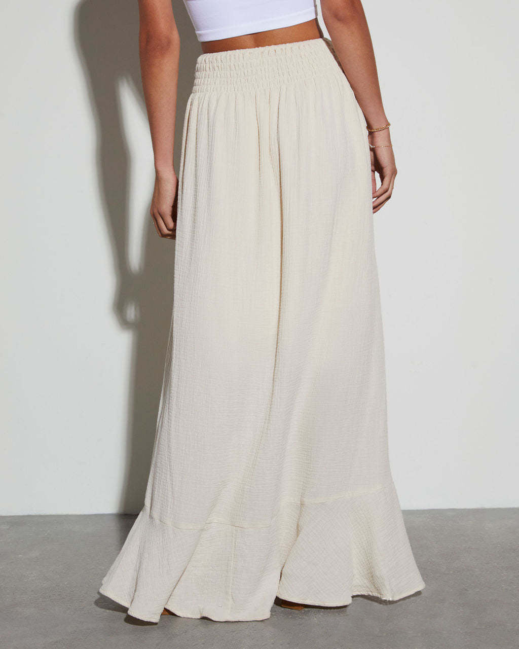 Drawstring Waist Buttoned Slit Maxi Skirt - White - 5