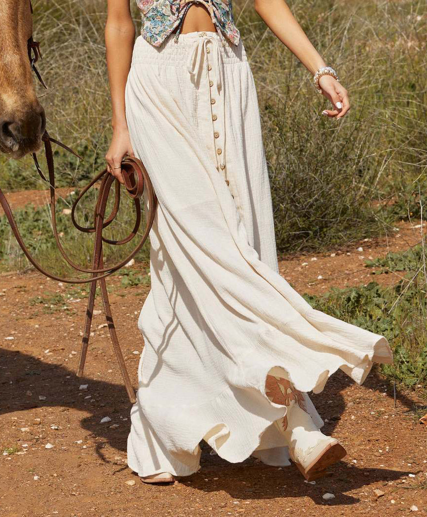 Drawstring Waist Buttoned Slit Maxi Skirt - White - 6