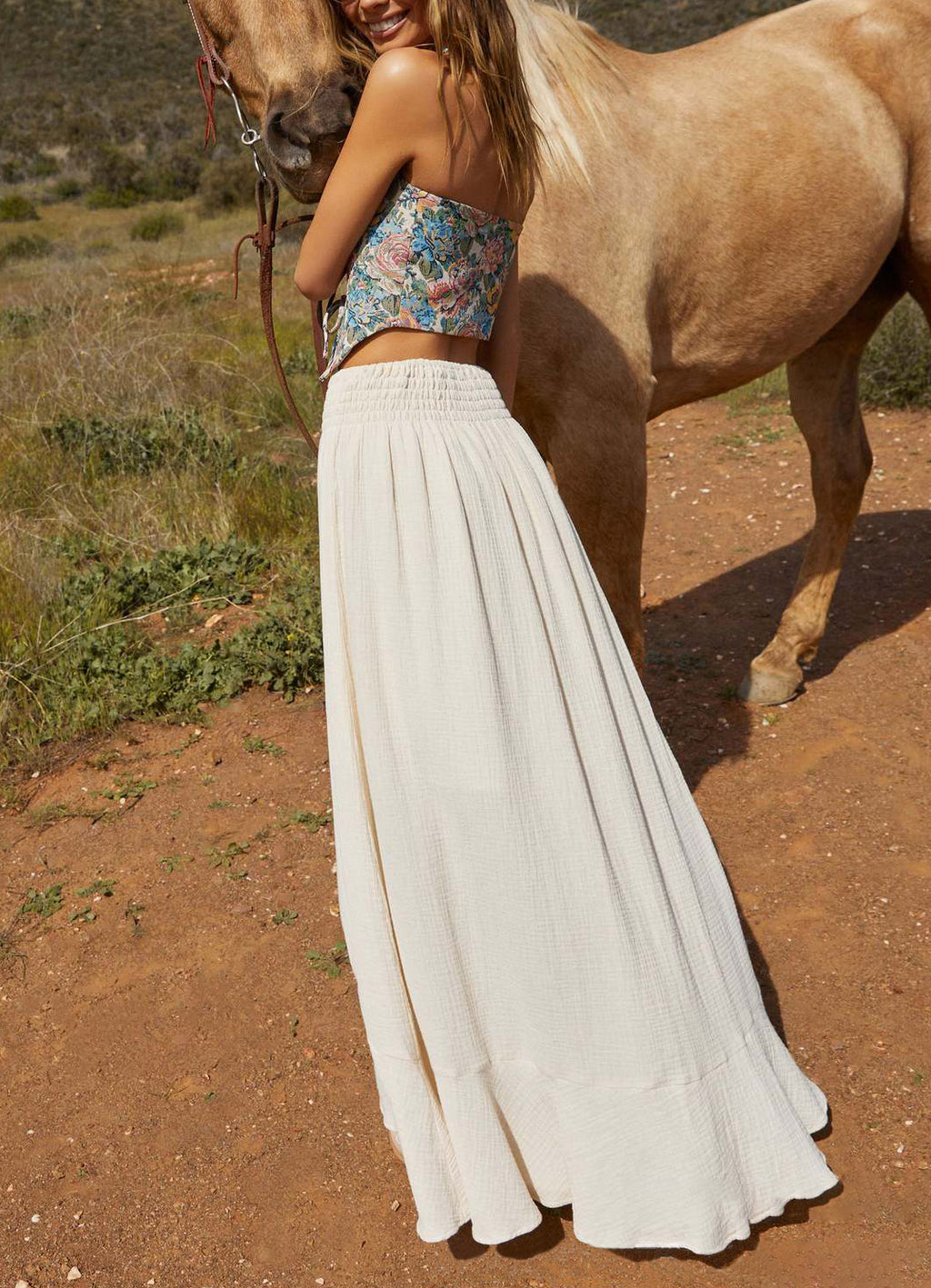 Drawstring Waist Buttoned Slit Maxi Skirt - White - 7