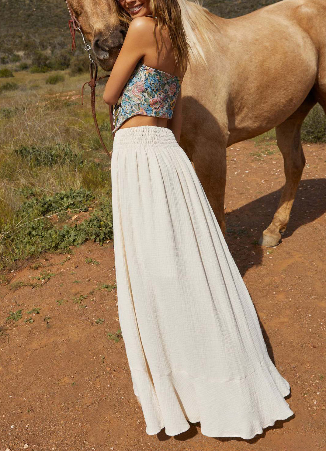 Drawstring Waist Buttoned Slit Maxi Skirt - White - 7