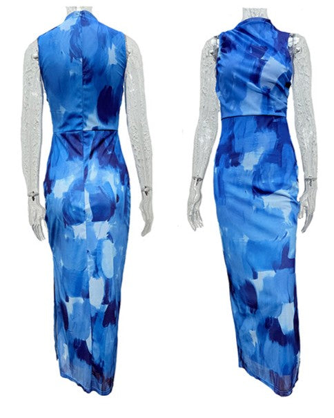 Abstract Print Mock Neck Maxi Dress - Blue - 1