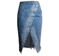 Asymmetric Wrap Front Raw Hem Denim Skirt - Blue