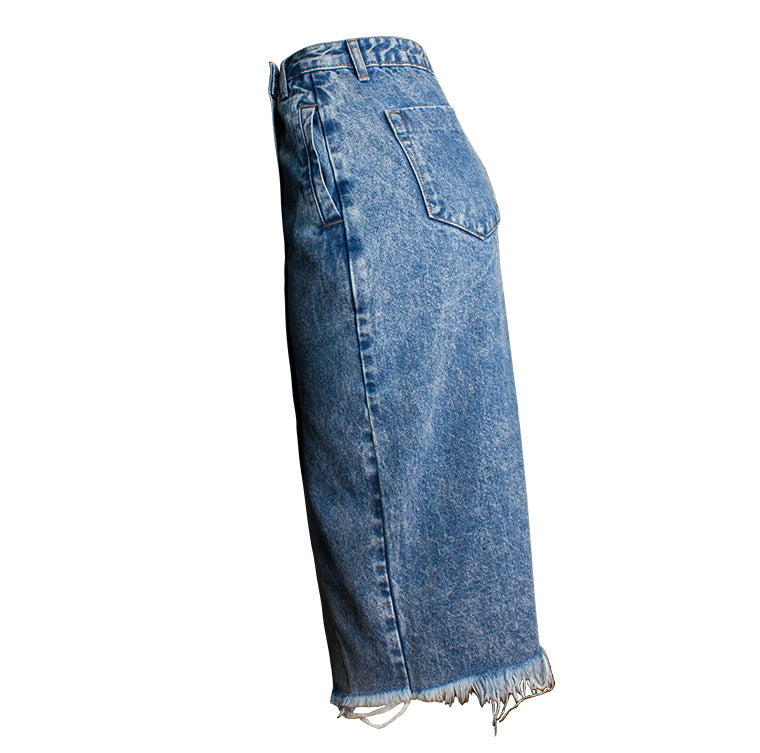 Asymmetric Wrap Front Raw Hem Denim Skirt - Blue - 1