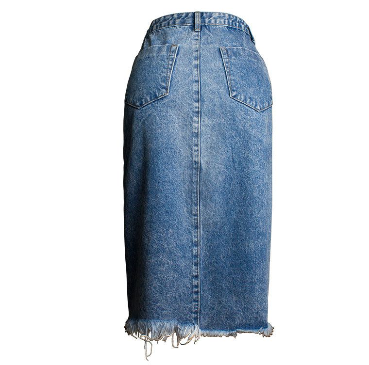 Asymmetric Wrap Front Raw Hem Denim Skirt - Blue - 2