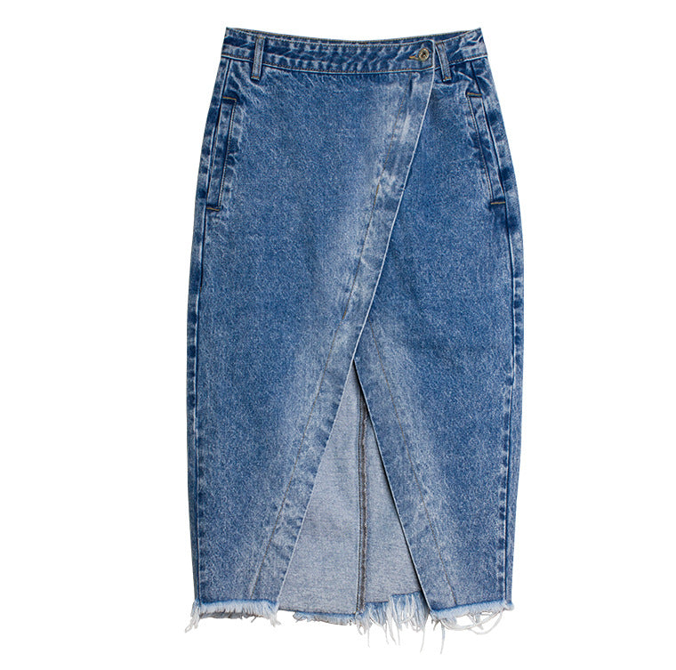 Asymmetric Wrap Front Raw Hem Denim Skirt - Blue - 3