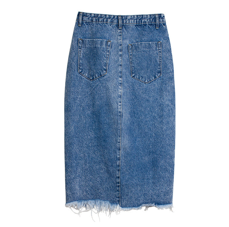 Asymmetric Wrap Front Raw Hem Denim Skirt - Blue - 4