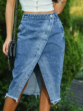Asymmetric Wrap Front Raw Hem Denim Skirt - Blue - 6