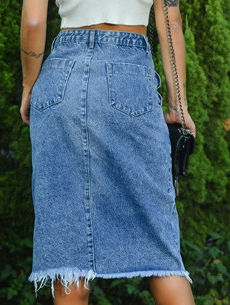 Asymmetric Wrap Front Raw Hem Denim Skirt - Blue - 7