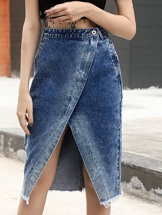 Asymmetric Wrap Front Raw Hem Denim Skirt