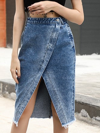 Asymmetric Wrap Front Raw Hem Denim Skirt - view 1