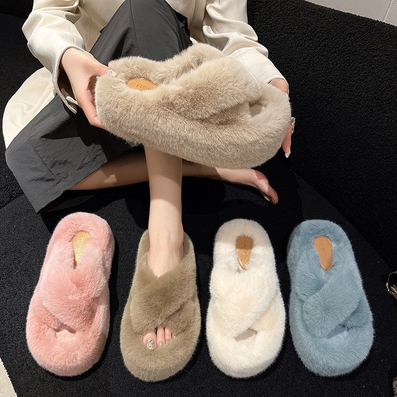 Crisscross Faux Fur Platform Slide Slippers