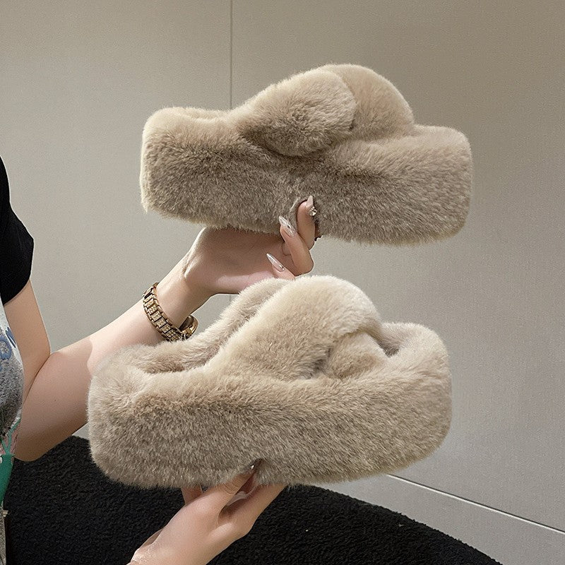 Crisscross Faux Fur Platform Slide Slippers