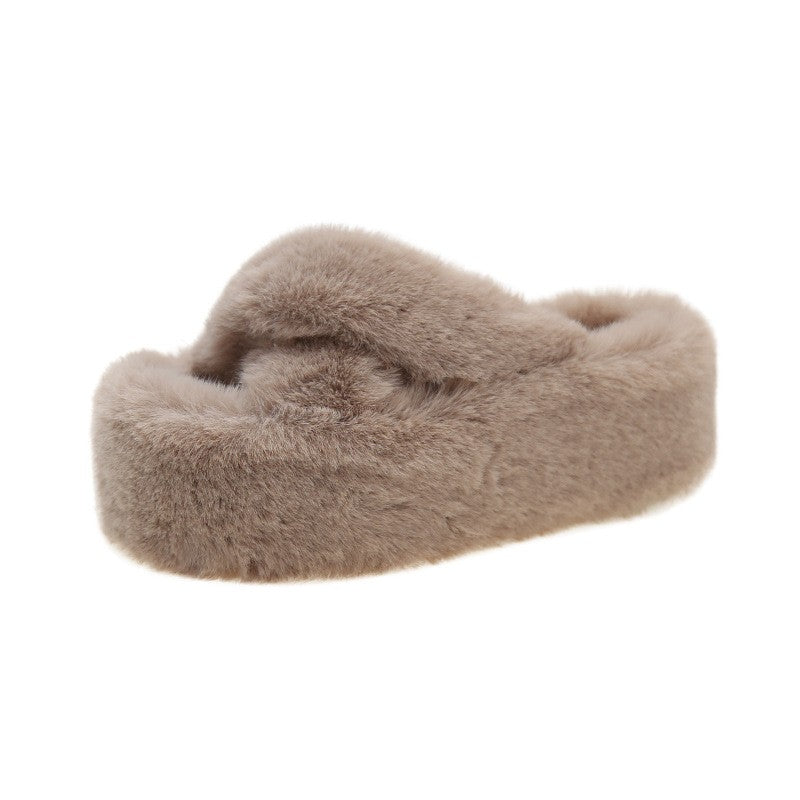 Crisscross Faux Fur Platform Slide Slippers