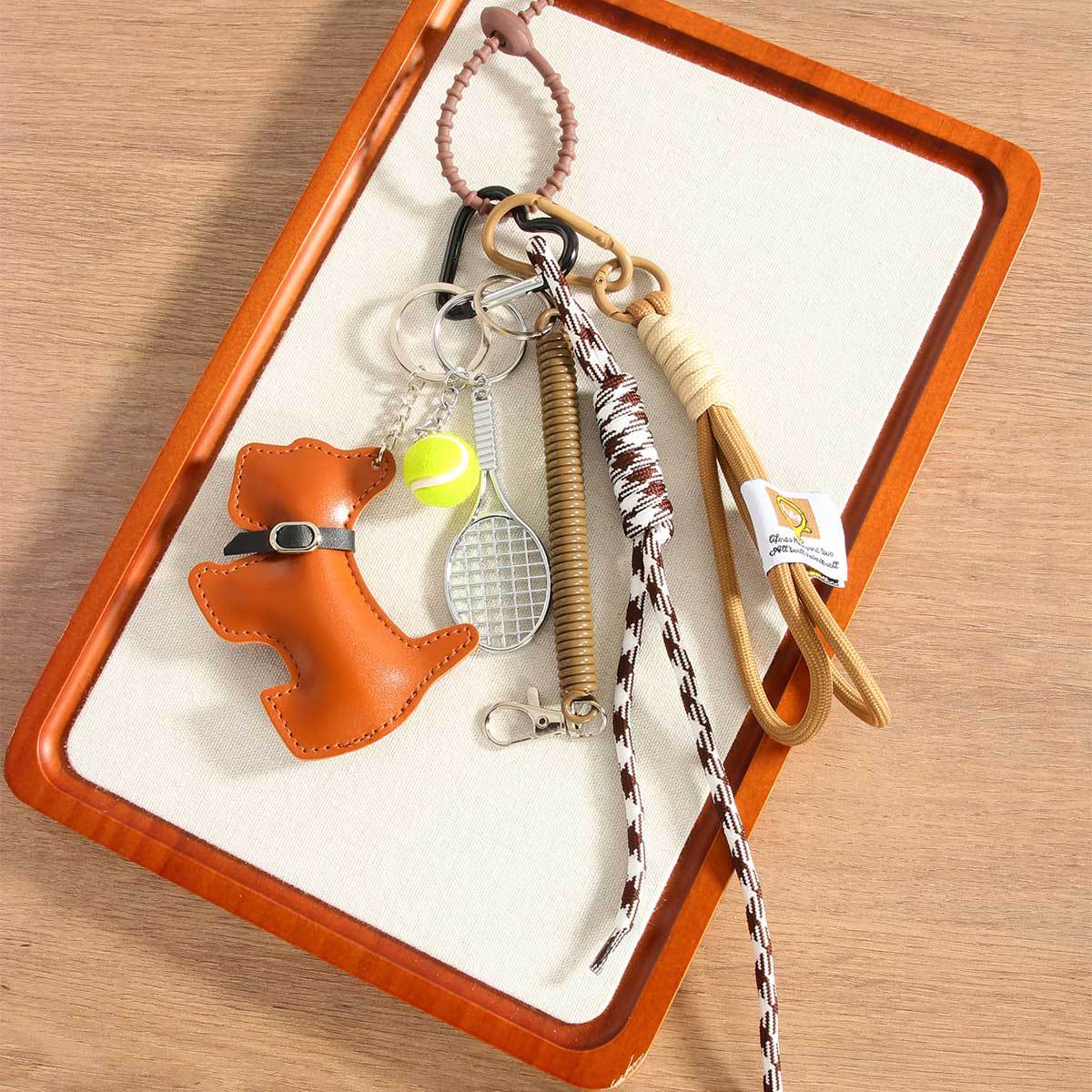 Leather Puppy Tassel Bag Charm Keychain - Brown - 1