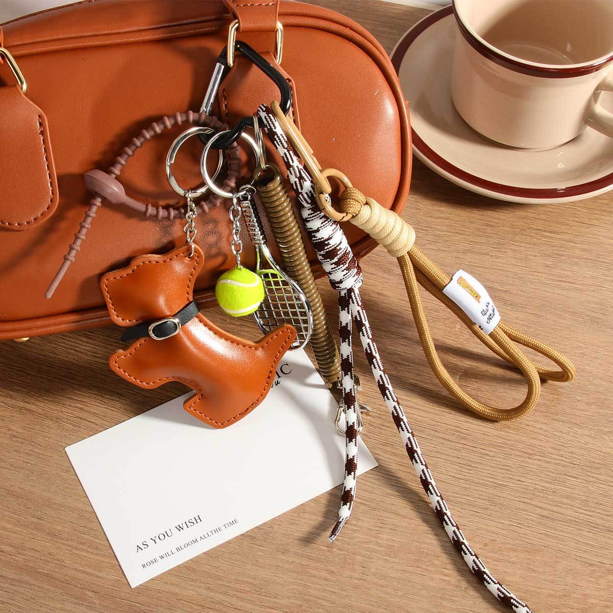 Leather Puppy Tassel Bag Charm Keychain - Brown - 3