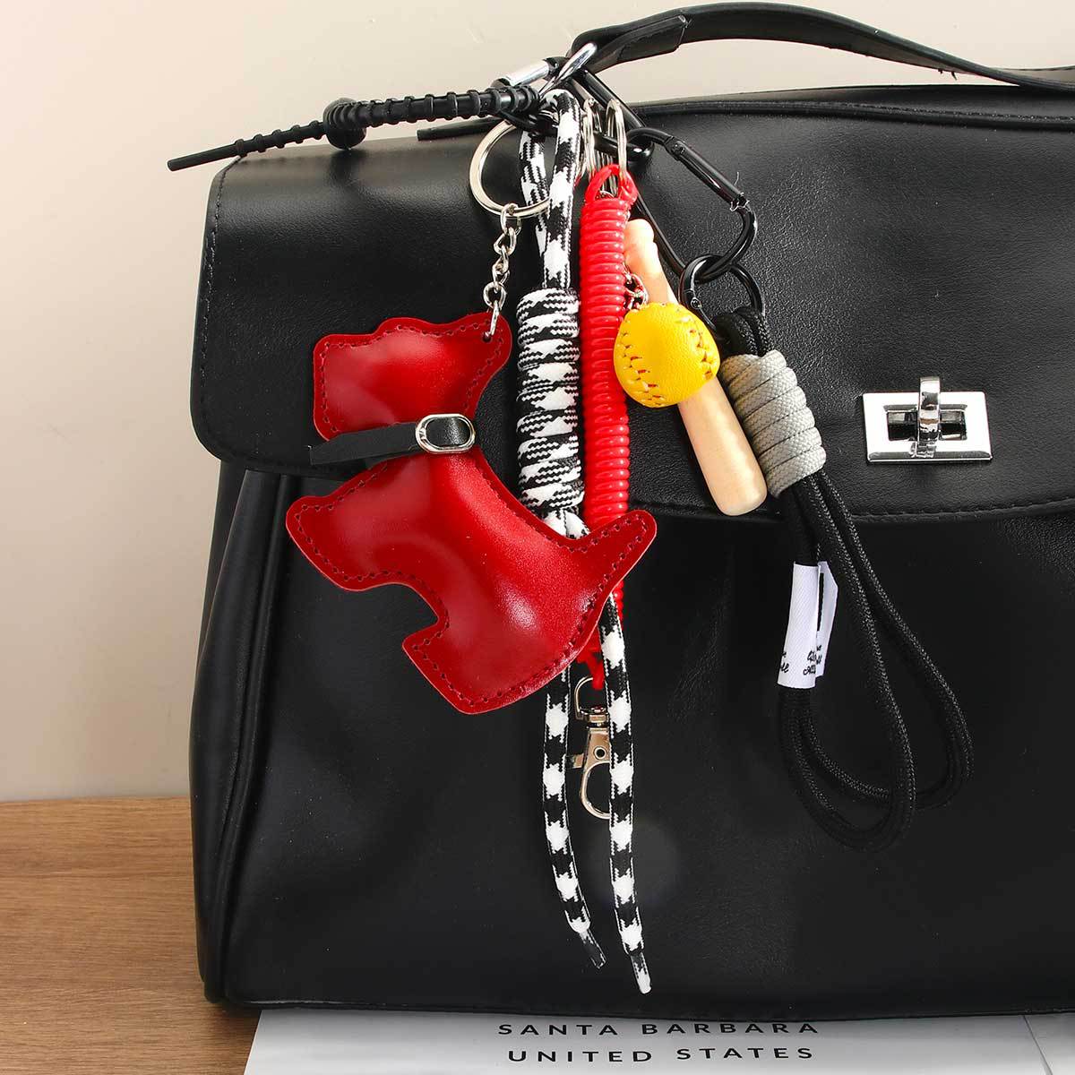 Leather Puppy Tassel Bag Charm Keychain - Red