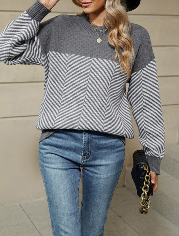 Chevron Stripe Colorblock Crewneck Sweater - Grey - 1