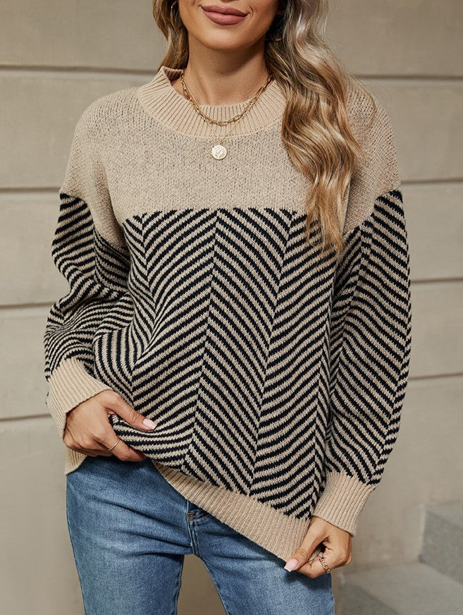 Chevron Stripe Colorblock Crewneck Sweater - Khaki