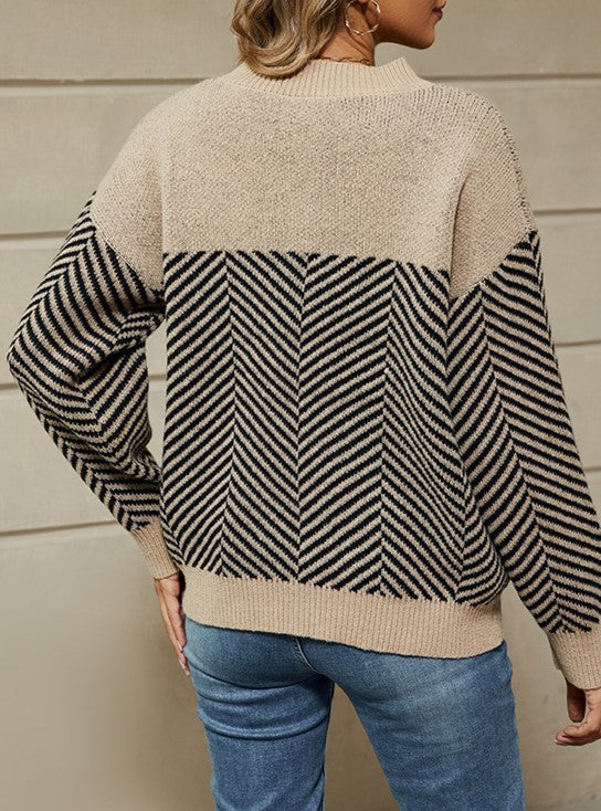 Chevron Stripe Colorblock Crewneck Sweater - Khaki - 3