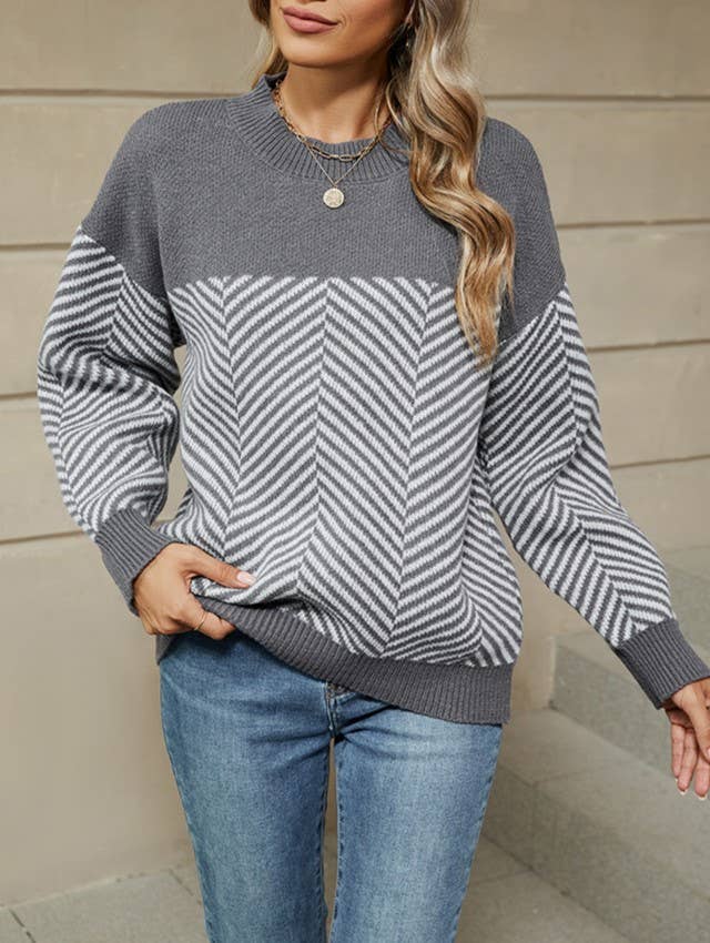 Chevron Stripe Colorblock Crewneck Sweater