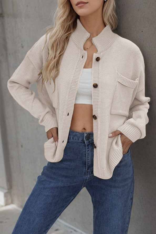 Ribbed Knit Cardigan With Utility Pockets - Beige
