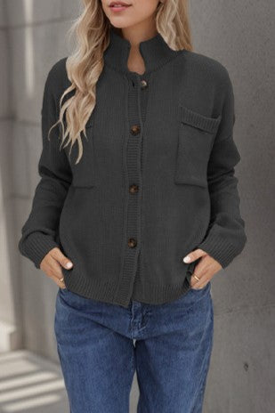 Ribbed Knit Cardigan With Utility Pockets - Black - 1