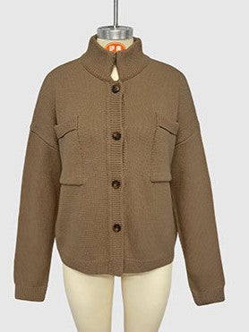 Ribbed Knit Cardigan With Utility Pockets - Coca - 1