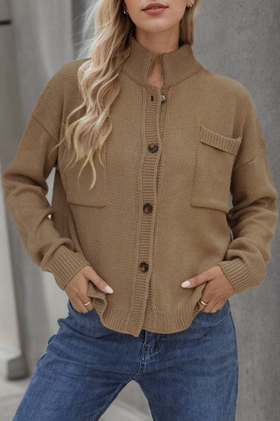Ribbed Knit Cardigan With Utility Pockets - Coca - 3