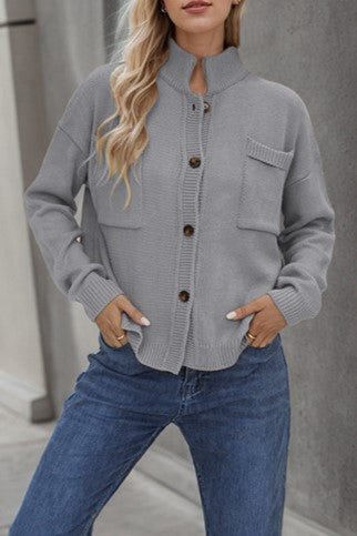 Ribbed Knit Cardigan With Utility Pockets - Grey - 1