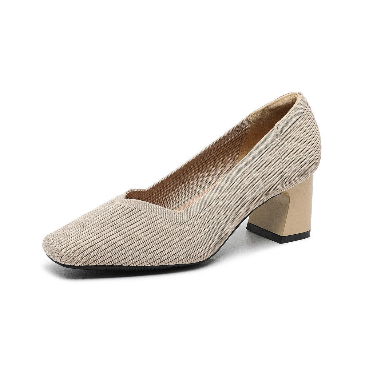 Ribbed Knit Square Toe Block Heel Pumps - Cream