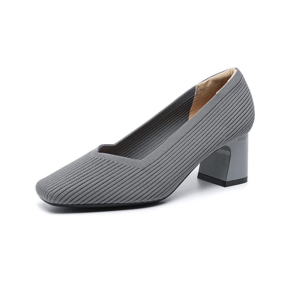 Ribbed Knit Square Toe Block Heel Pumps - Gray
