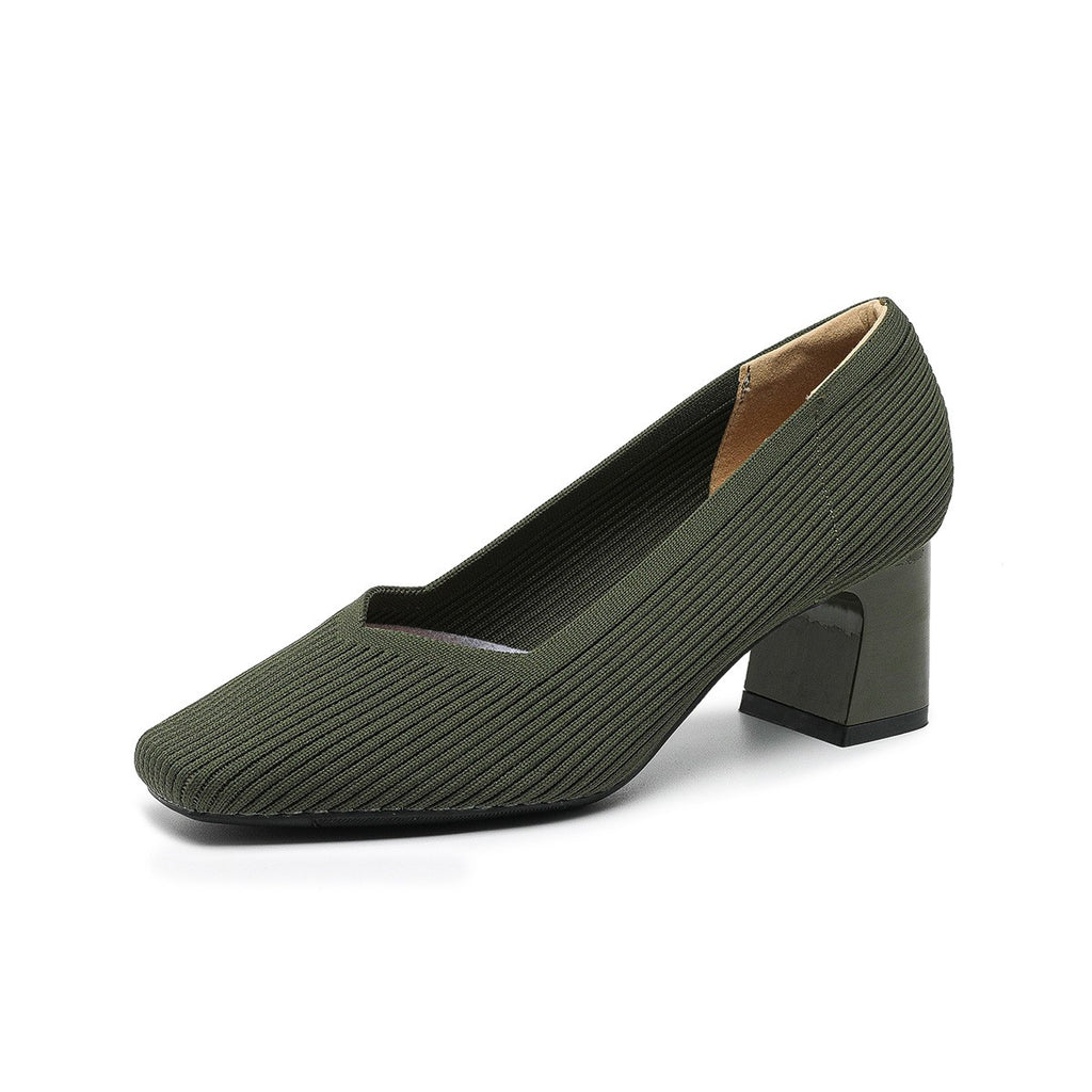 Ribbed Knit Square Toe Block Heel Pumps - Olive