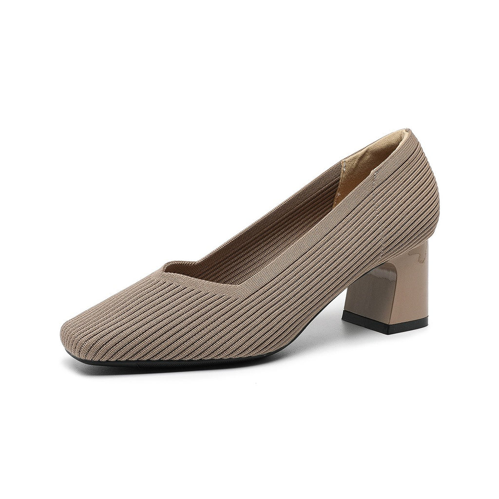 Ribbed Knit Square Toe Block Heel Pumps - Taupe