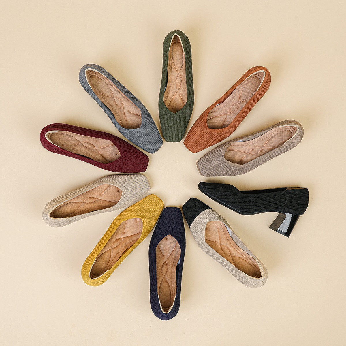 Ribbed Knit Square Toe Block Heel Pumps