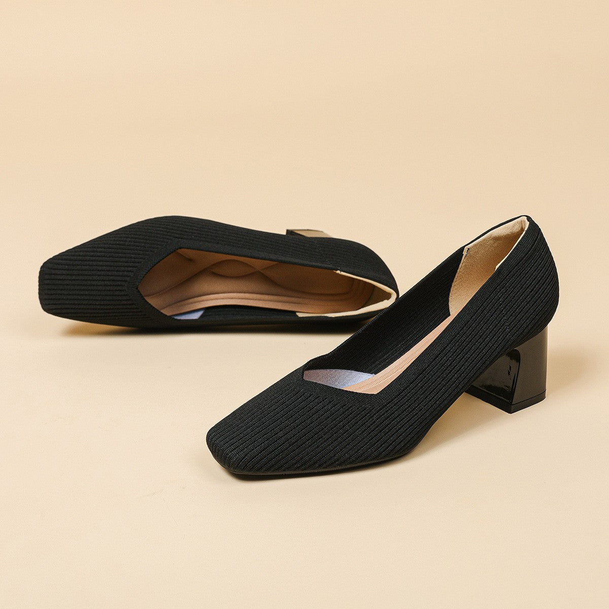 Ribbed Knit Square Toe Block Heel Pumps